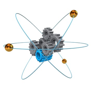Atomic gears with golden electrons on the white background.