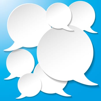 White speech bubbles on the blue background. Eps 10 vector file.