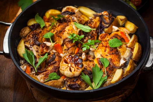 Roasted roasted rabbit on vegetables in pan