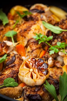 Roasted roasted rabbit on vegetables in pan