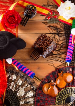 Bullfighter and flamenco typical from Espana Spain torero hat castanets comb flag and rose