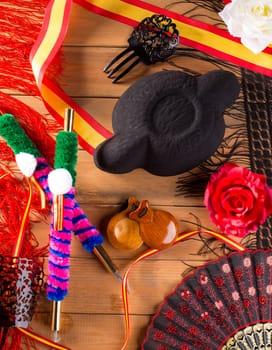 Bullfighter and flamenco typical from Espana Spain torero hat castanets comb flag and rose