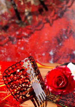 Flamenco comb fan and roses typical from Spain Espana on red background