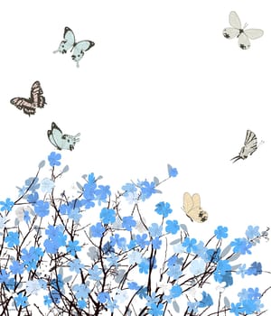 Blue flowers greeting card with floral ornament and butterflies.