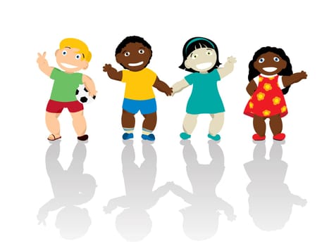 Happy kids of different ethnicity smiling and waving hands. Isolated and grouped over white background