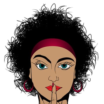Retro drawing of a curly hair girl asking for silence