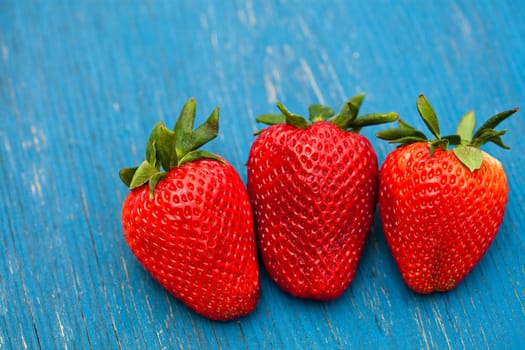 Closeup of three large fresh strawberries in row against light blue wooden background