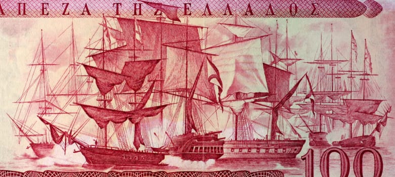 Battle of Navarino on 100 Drachmai 1955 Banknote from Greece. Naval battle fought on 20 October 1827 during the Greek War of Independence.