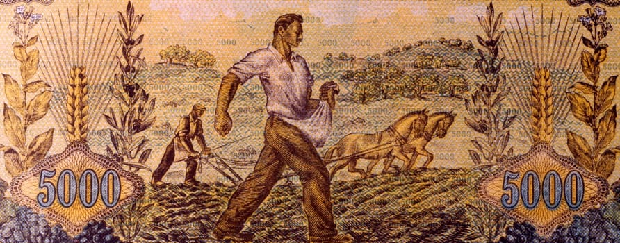 Farmers Sowing and Plowing on 5000 Drachmai 1942 Banknote from Greece.