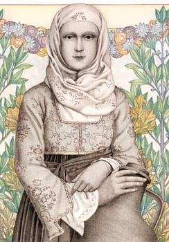 Girl in National Costume on 1000 Drachmai 1935 from Greece.