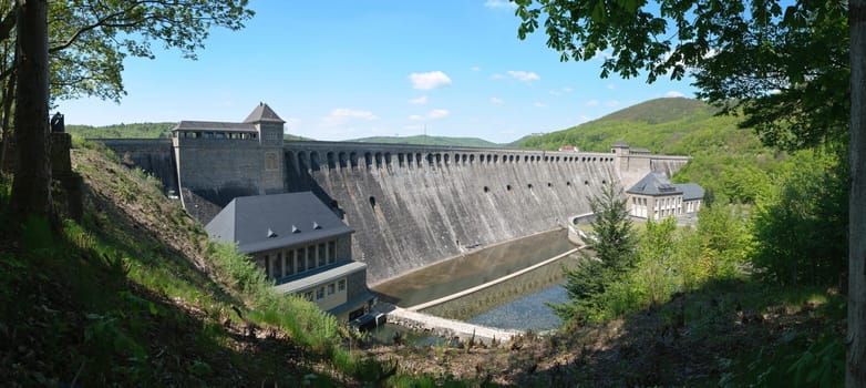 Panorama-Shot of the 46 meters high dam of lake Edersee, one of Germans's biggest lakes.