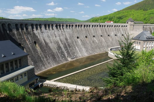 Panorama-Shot of the 46 meters high dam of lake Edersee, one of Germans's biggest lakes.
