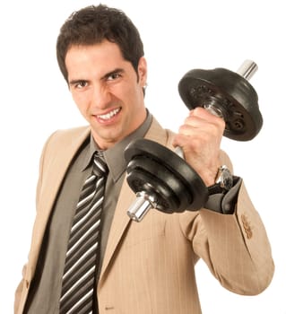 Young male businessman in light suit with power lifts a dumbbell and shows strength and determination, isolated against white background