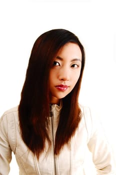 A portrait shoot of a young beautiful chinese woman for white background in a white jacket and brunette hair.