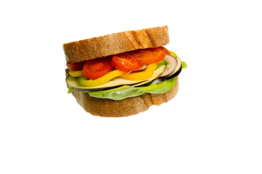 Veggie Sandwich made with lettuce, eggplant and onion isolated on white background
