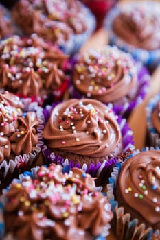 Closeup of chocolate cupcakes with decorative sprinkles