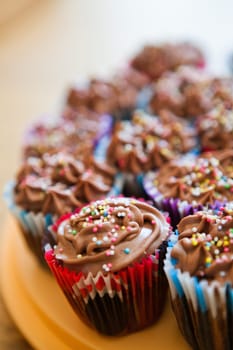 Closeup of chocolate cupcakes with decorative sprinkles on plastic tray