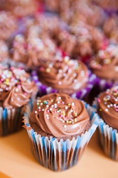 Closeup of chocolate cupcakes with decorative sprinkles