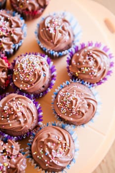 Closeup of chocolate cupcakes with decorative sprinkles on plastic tray viewed from above