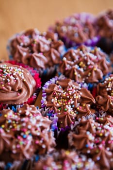 Closeup of chocolate cupcakes with decorative sprinkles