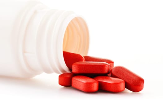 Composition with drug pills isolated on white background