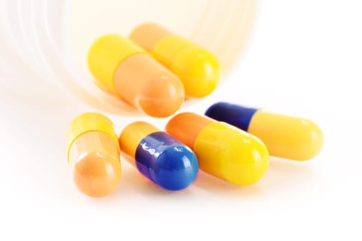 Composition with drug pills isolated on white background