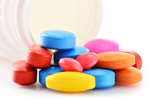 Composition with drug pills isolated on white background
