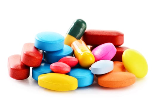 Composition with drug pills isolated on white background