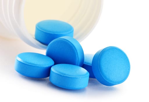 Composition with drug pills isolated on white background