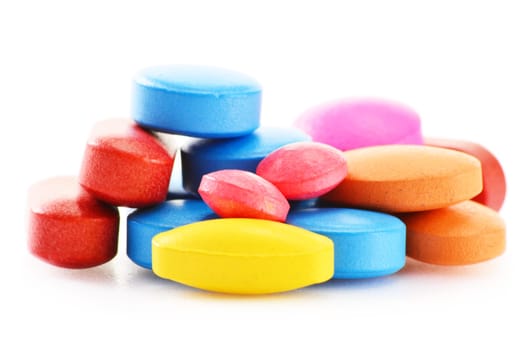 Composition with drug pills isolated on white background