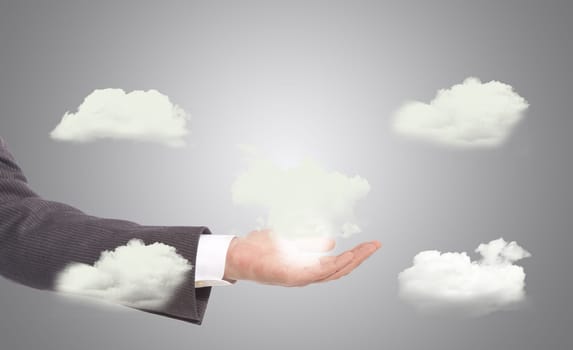 social cloud network in hands, grey background