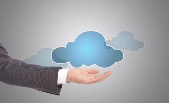 business man holding digital cloud with copy space