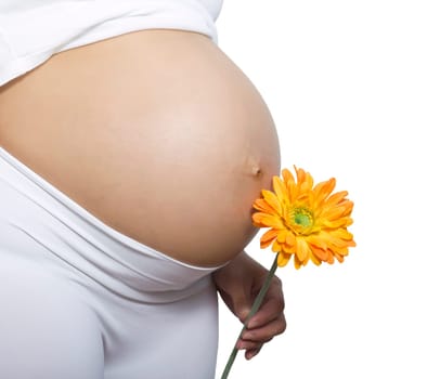 pregnant woman holding her belly and a flower