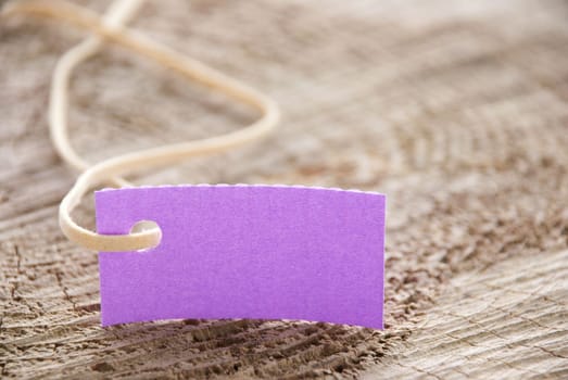 a purple label tag with copy space on a trunk of wood