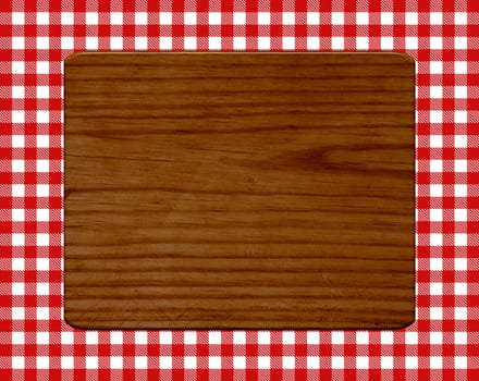 Breakfast board on red and white tablecloth pattern