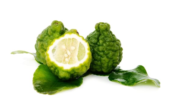 Fresh green lime. Kafir. Isolated over white