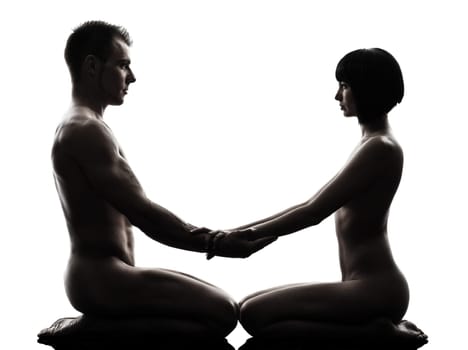 one caucasian couple man woman sexual kamasutra posture love activity  in silhouette studio on white background