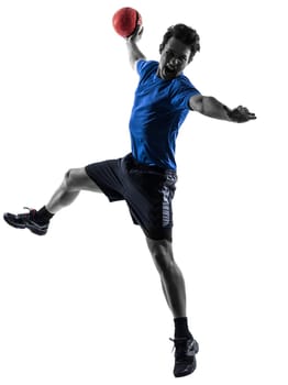 one caucasian young man exercising handball player in silhouette studio  on white background