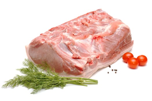 Piece of pork and vegetables isolated on white background