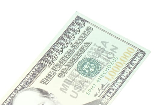 One million dollars banknote closeup isolated on white background