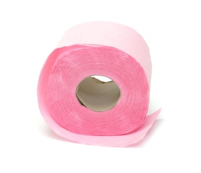 Pink toilet paper on white background
