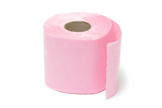 Pink toilet paper on white background