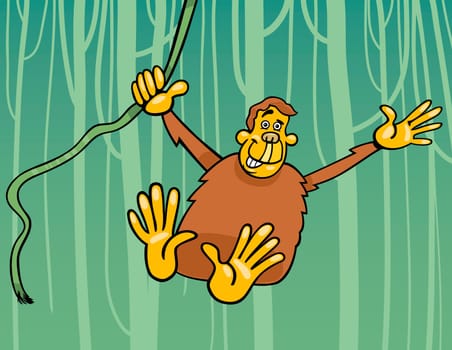 Cartoon Illustration of Funny Chimpanzee Ape in the Jungle