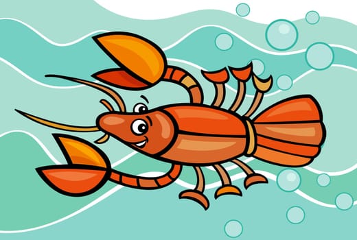 Cartoon Illustration of Funny Crayfish in the Water