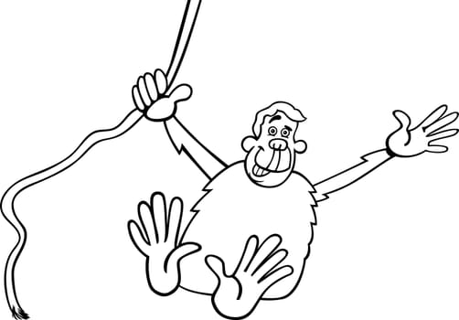 Black and White Cartoon Illustration of Funny Chimpanzee Ape in the Jungle for Coloring Book