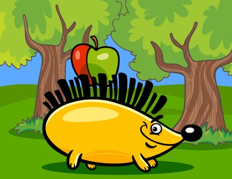 Cartoon illustration of hedgehog with apple in the forest