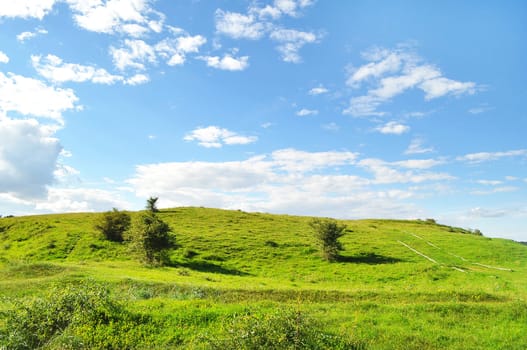 Beautiful hilly landscape under a light cloudy and blue sky