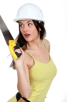 Woman with handsaw