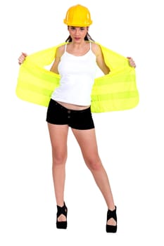 Sexy woman laborer stripping