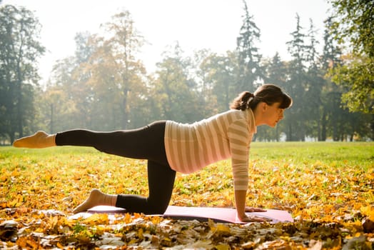 Fitness pregnant woman exercising outdoor in autumn nature